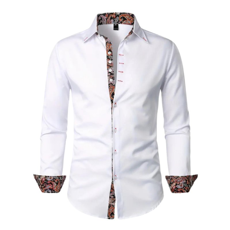 Distinctive men's paisley slim fit long sleeve shirt, ideal for formal or casual events.