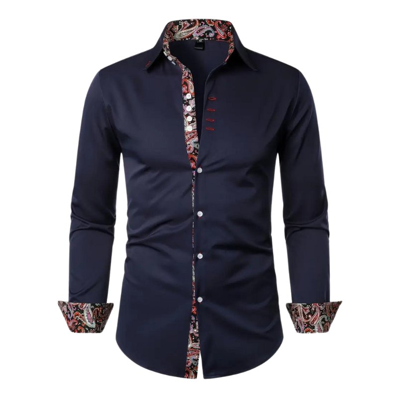 Fashionable men's long sleeve paisley shirt, slim fit, for a sophisticated look in men's clothing.