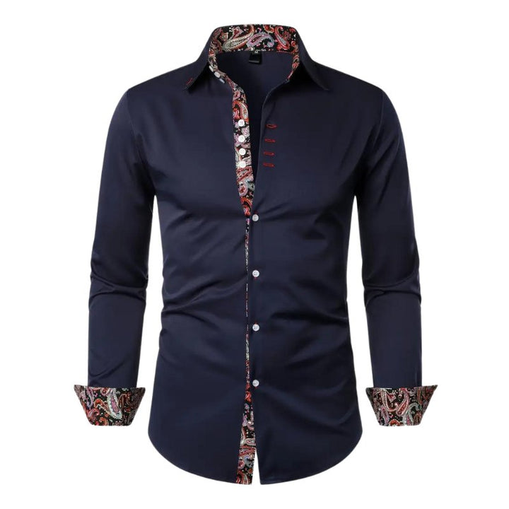 Fashionable men's long sleeve paisley shirt, slim fit, for a sophisticated look in men's clothing.