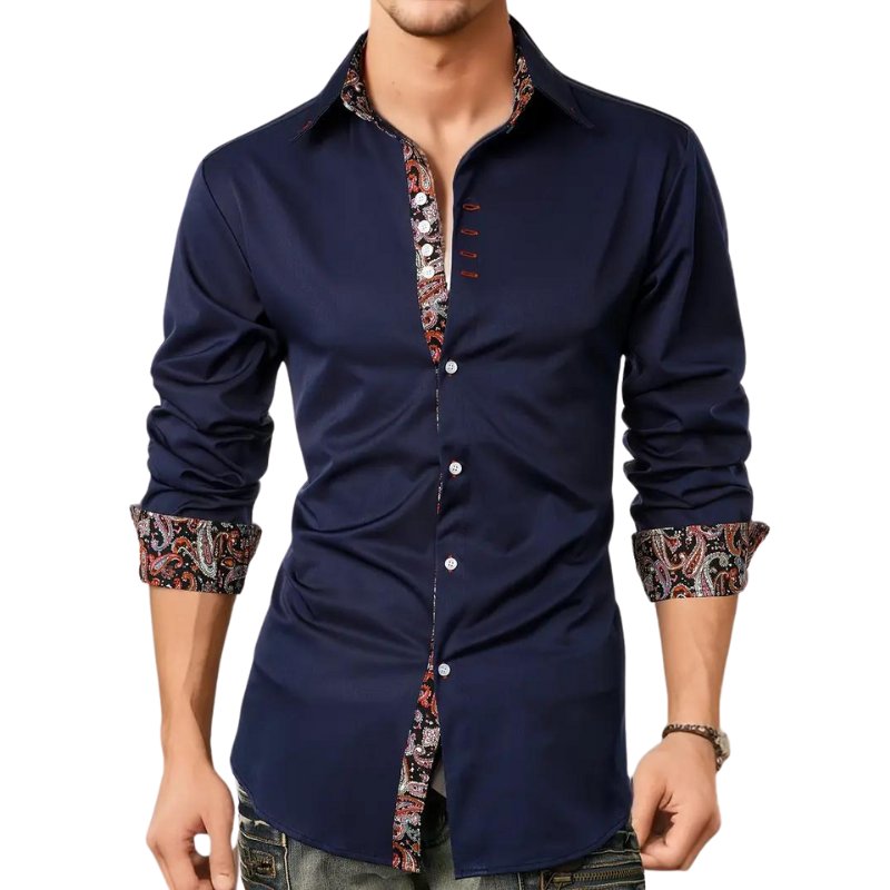 Close-up of a distinctive paisley pattern on a men's slim fit long sleeve shirt.