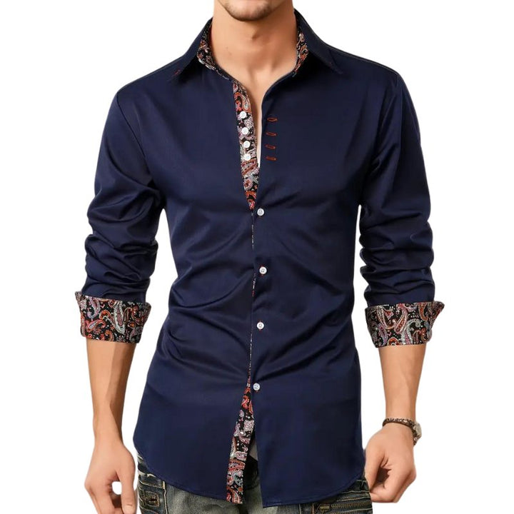 Close-up of a distinctive paisley pattern on a men's slim fit long sleeve shirt.