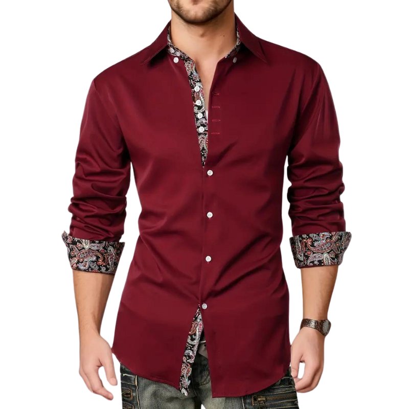 Elegant men's paisley slim fit long sleeve shirt, offering a distinctive and sophisticated style.
