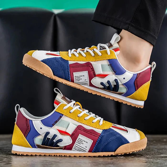 Multi-textured men's patchwork utility sneakers, a durable and stylish choice for trail & street exploration.