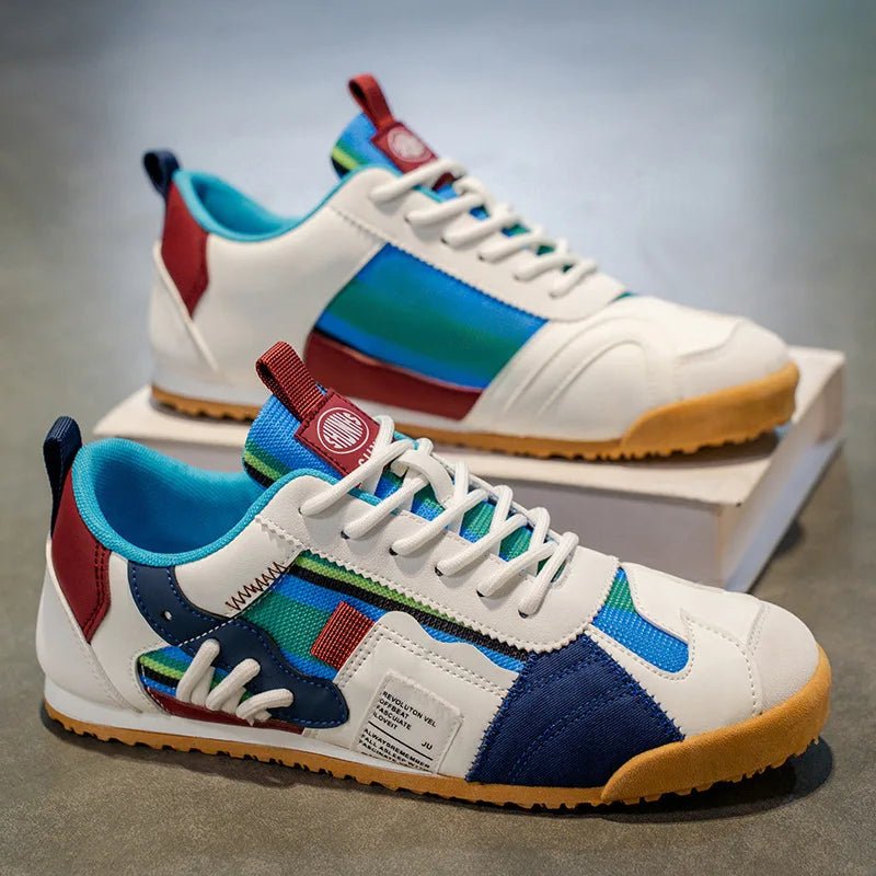 Front view of men's patchwork utility sneakers, featuring athletic design and comfortable fit for daily wear.