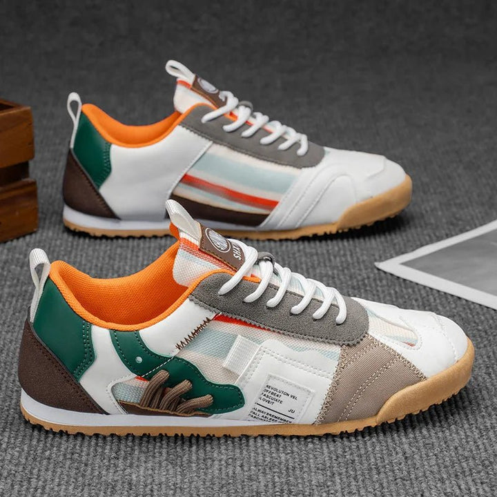 Men's patchwork utility sneakers with robust sole, designed for grip and comfort on trails & urban streets.