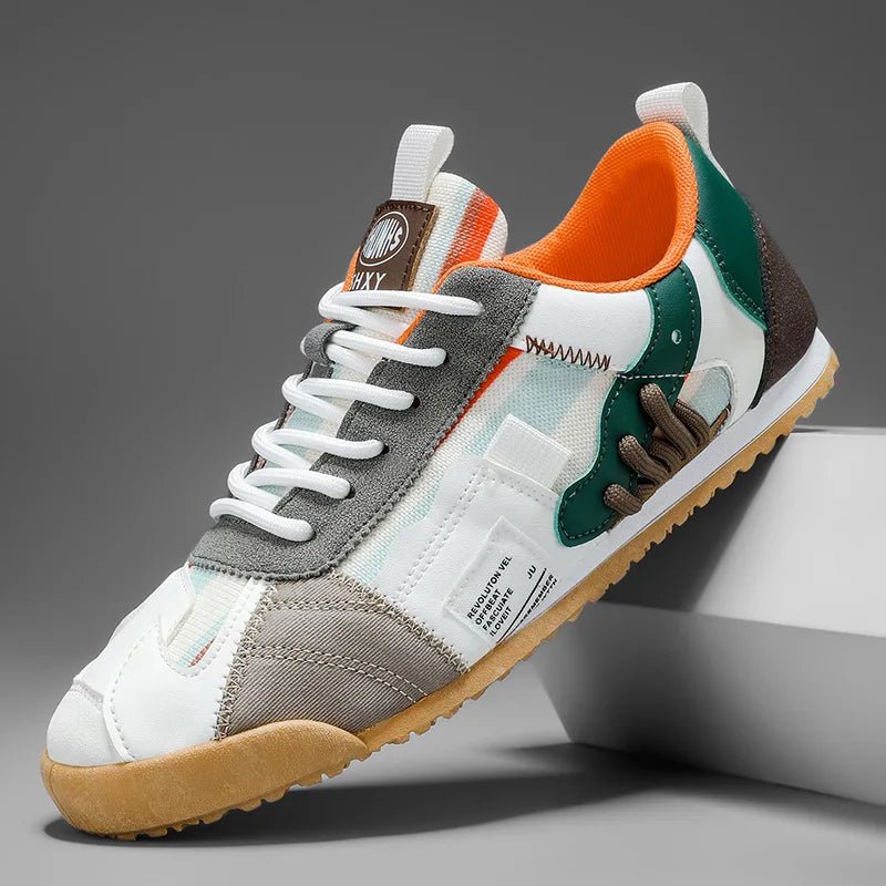 Stylish men's athletic utility sneakers with unique patchwork design, perfect for trail & urban wear.