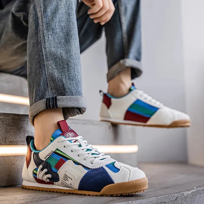 Modern streetwear men's sneakers, featuring patchwork utility design for urban casual footwear.