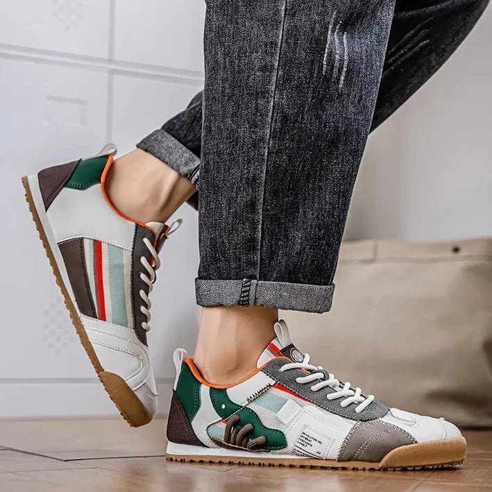 Close-up: Men's patchwork utility sneakers, showcasing unique textures and robust design for urban trails.
