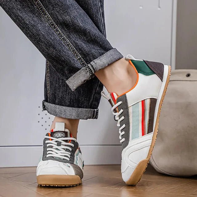 Active men's athletic patchwork utility sneakers, built for comfort and style on trails & city streets.