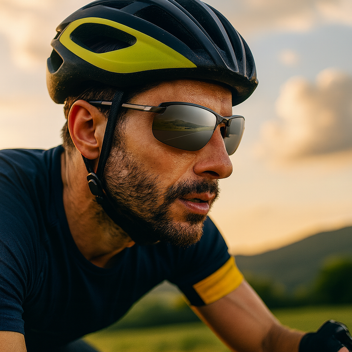 Lightweight men's photochromic polarized sport sunglasses, ideal for cycling with UV protection.