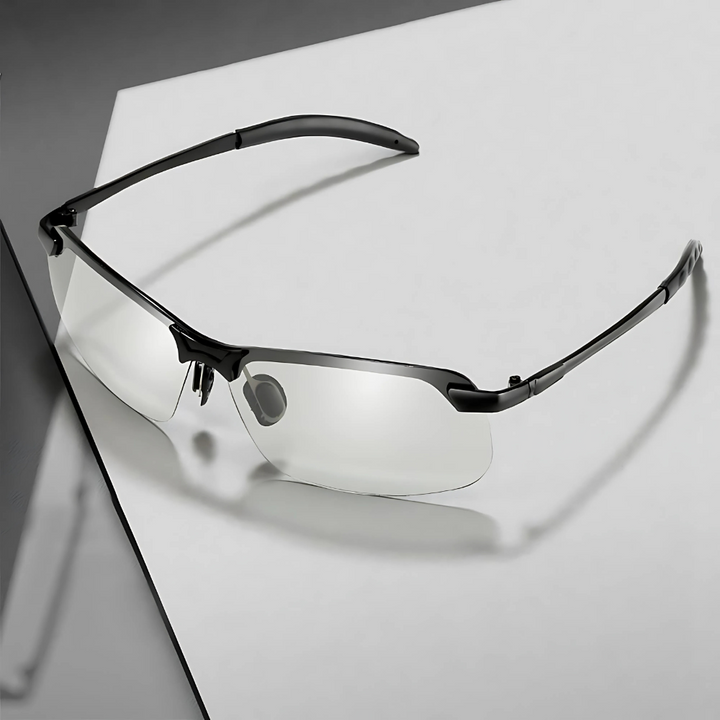 Men's photochromic sport sunglasses, adapting to light and polarized for superior glare reduction.
