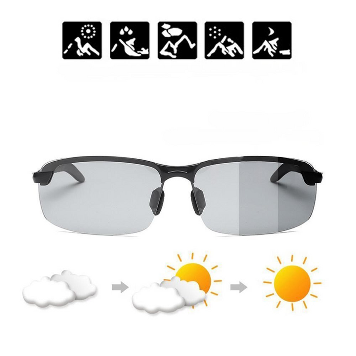 Men's lightweight photochromic polarized sport sunglasses for enhanced outdoor vision and UV protection.