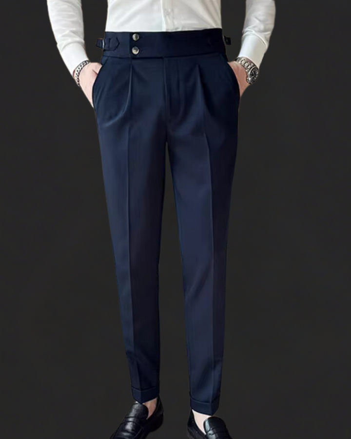 Men's pleated Gurkha dress trousers, high waist, buckle closure for refined formal and smart casual style.