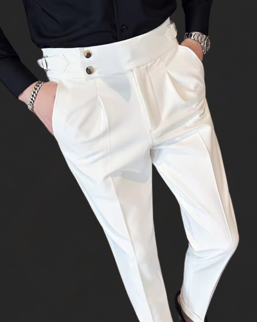 Tailored men's Gurkha pants with elegant pleats, perfect for formal wear or a sophisticated semi-formal look.