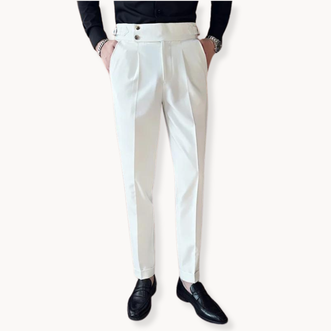 Stylish men's pleated dress trousers, high waist design, and unique Gurkha buckle closure for smart fashion.