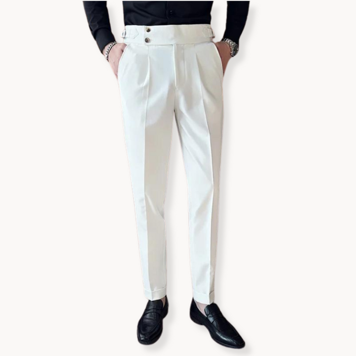 Stylish men's pleated dress trousers, high waist design, and unique Gurkha buckle closure for smart fashion.