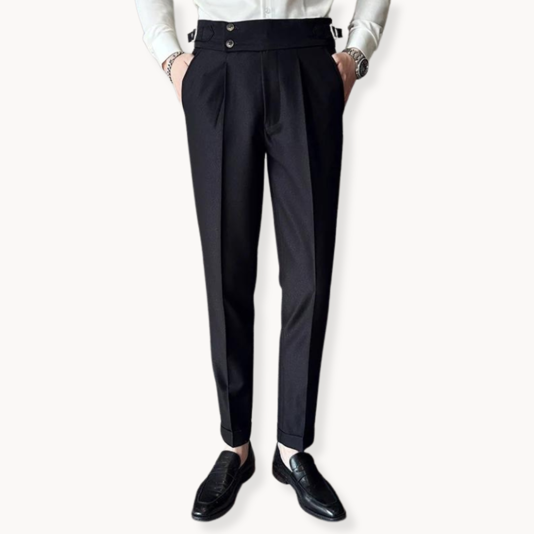 High-waist men's pleated dress pants, tailored Gurkha style. Excellent for formal events & modern men's fashion.