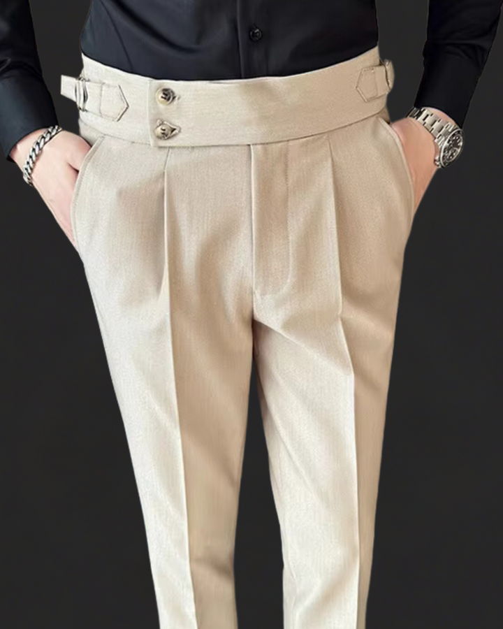 Elegant men's Gurkha trousers with pleats and a distinctive buckle closure, suitable for formal & semi-formal attire.