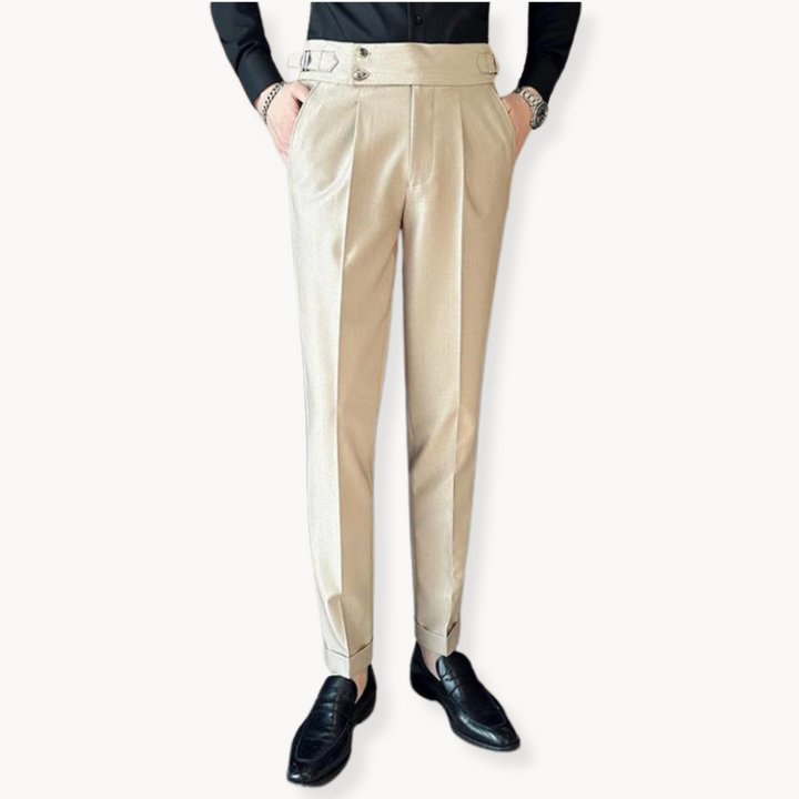Classic men's pleated Gurkha pants, tailored for a smart casual or formal look, featuring a high waist design.