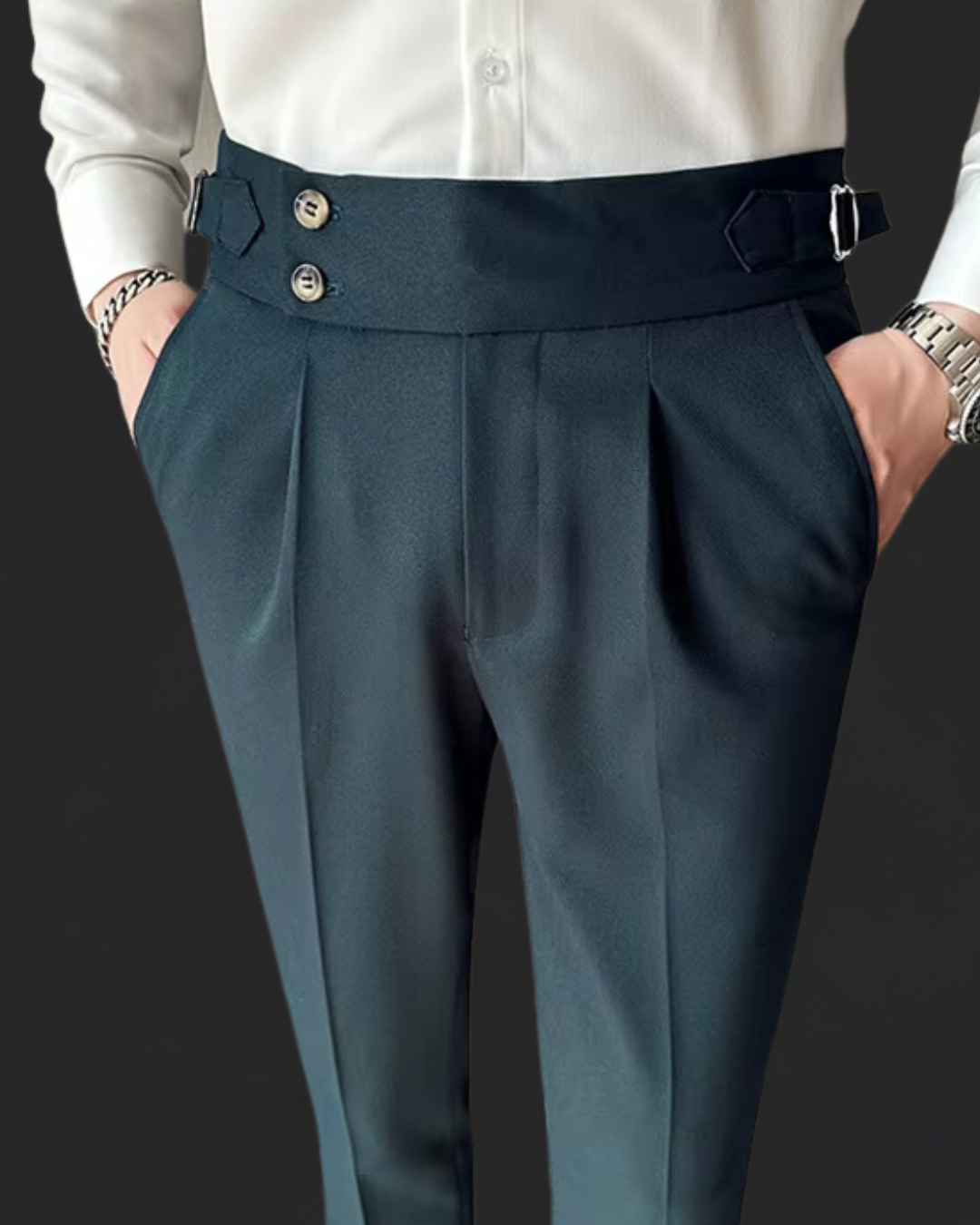 Sophisticated men's dress trousers: pleated, high-waist Gurkha style with buckle closure for elegant fashion.