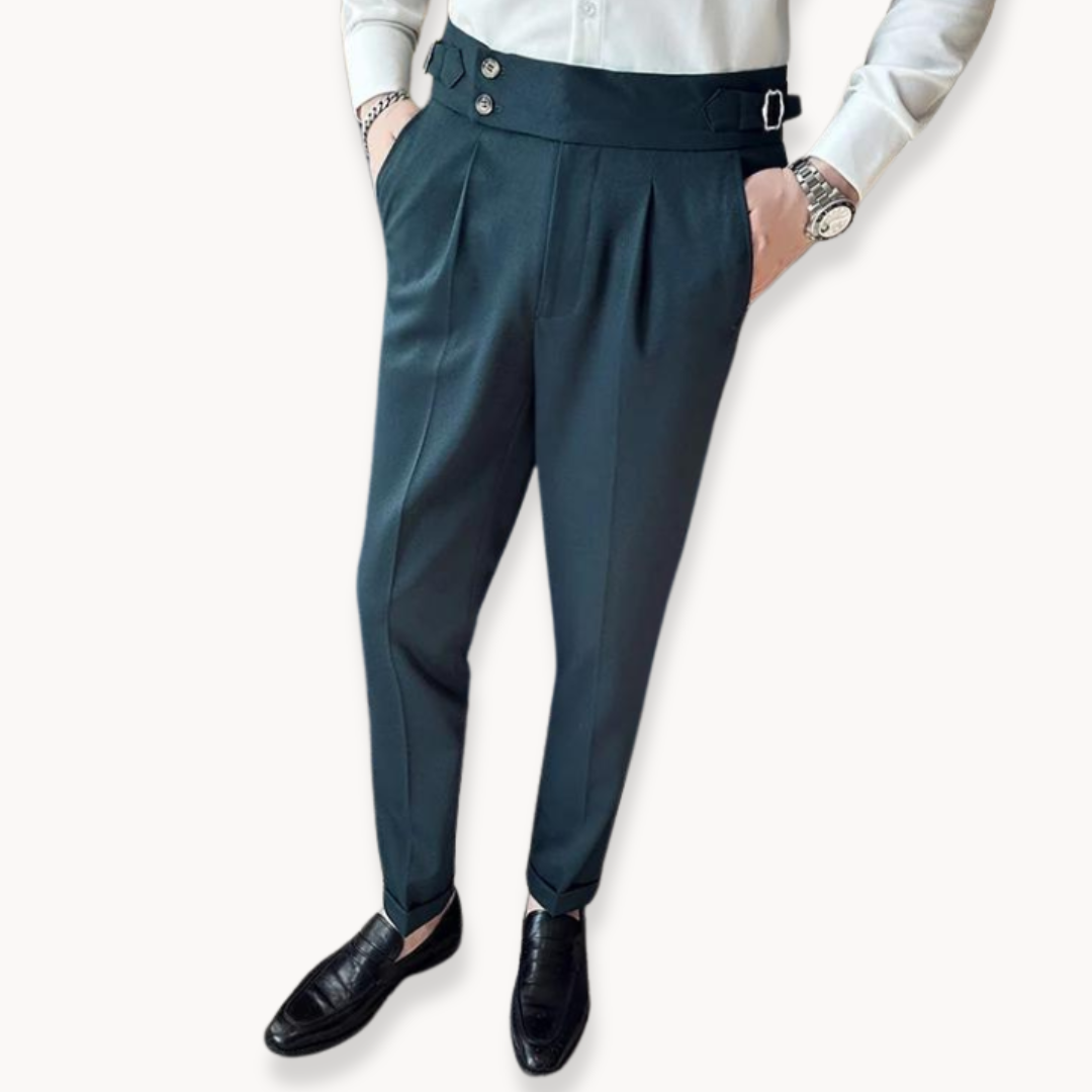 Formal men's pleated Gurkha trousers, tailored fit, and secure buckle closure for a refined and smart appearance.