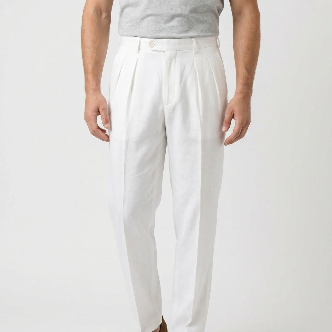 Relaxed fit men's pleated trousers, perfect for warm weather and versatile smart casual outfits.