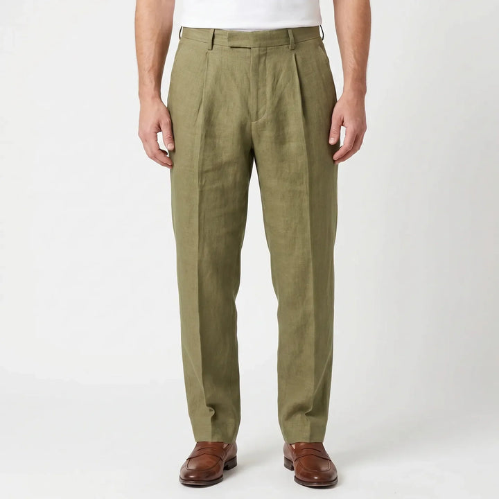 Men's comfortable pleated trousers with a relaxed fit. Great for warm weather smart casual fashion.