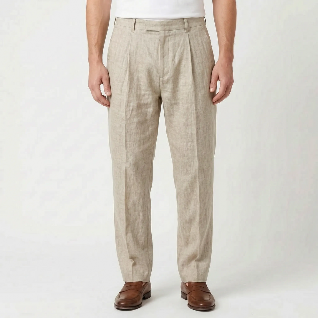 Versatile men's pleated pants in a relaxed fit. Essential for summer smart casual wardrobes.