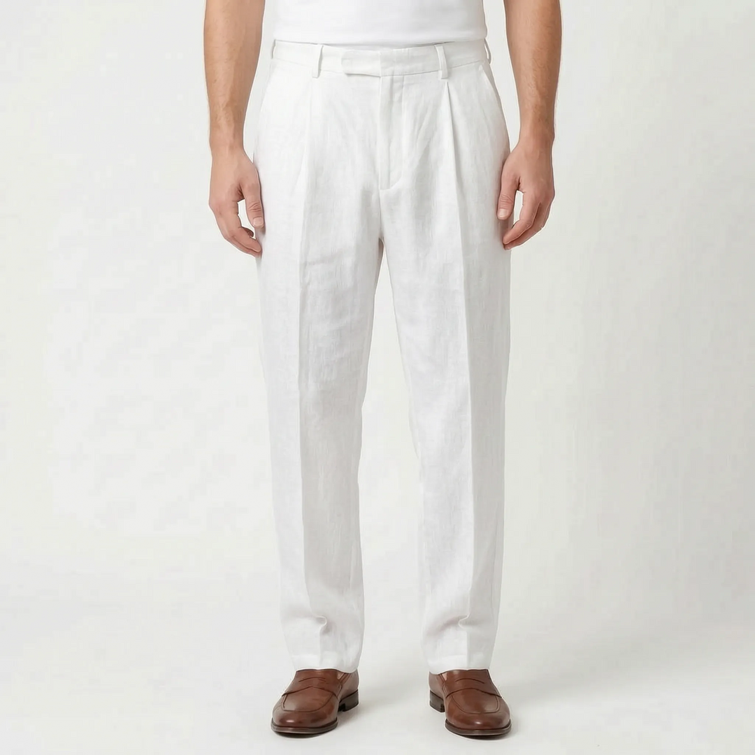 Modern men's pleated smart casual pants, designed for a relaxed fit and comfortable warm weather style.
