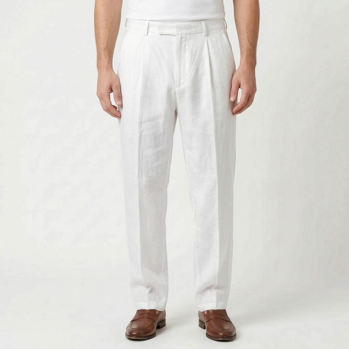 Modern men's pleated smart casual pants, designed for a relaxed fit and comfortable warm weather style.