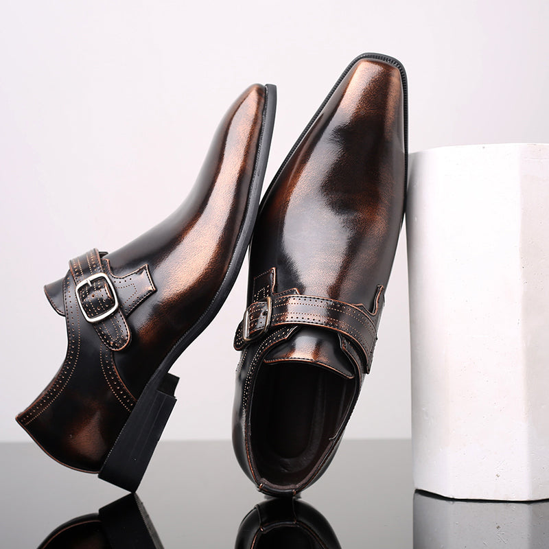 Classic men's slip-on monk strap dress shoes in polished black, suitable for elegant evening wear or business.