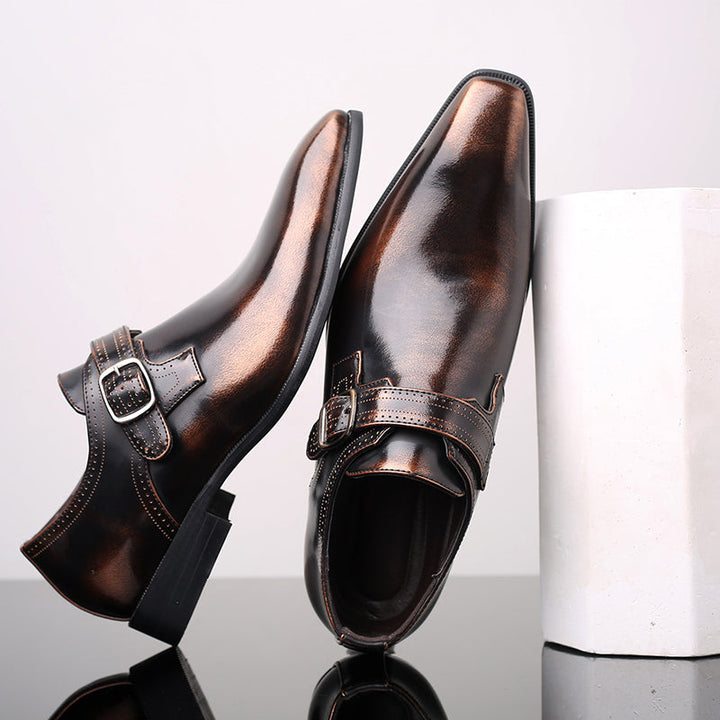 Classic men's slip-on monk strap dress shoes in polished black, suitable for elegant evening wear or business.