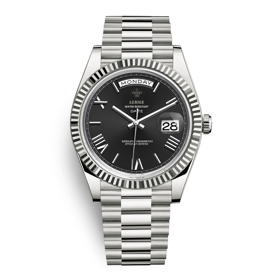 Polished men's automatic day-date watch, gold-tone accents, durable & elegant accessory.