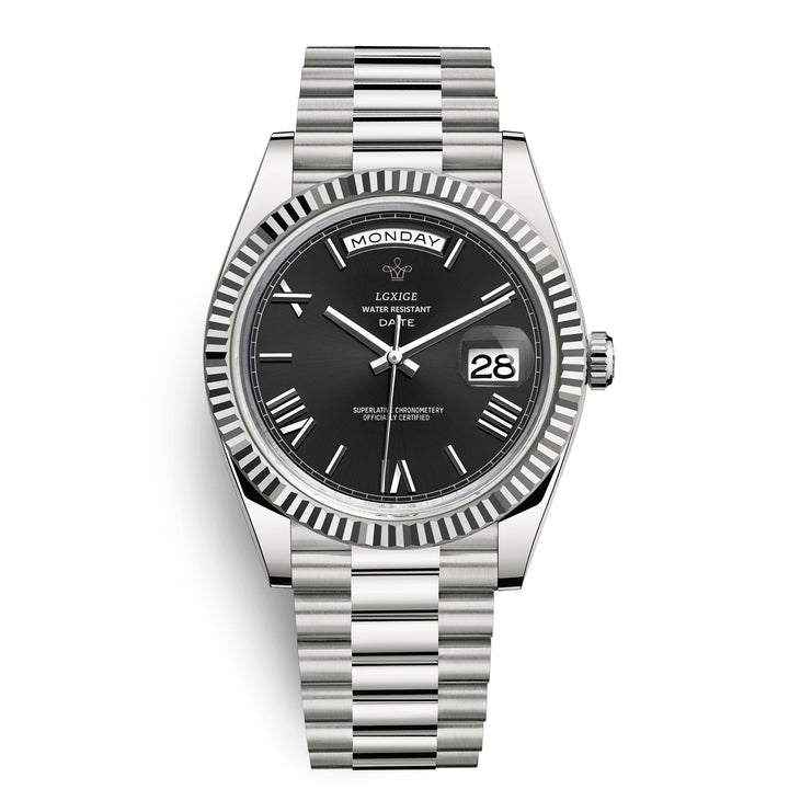 Polished men's automatic day-date watch, gold-tone accents, durable & elegant accessory.