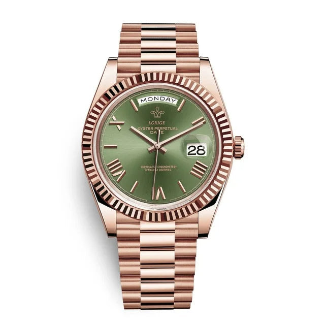 Men's automatic day & date watch with a blue dial, elegant design, and classic appeal.