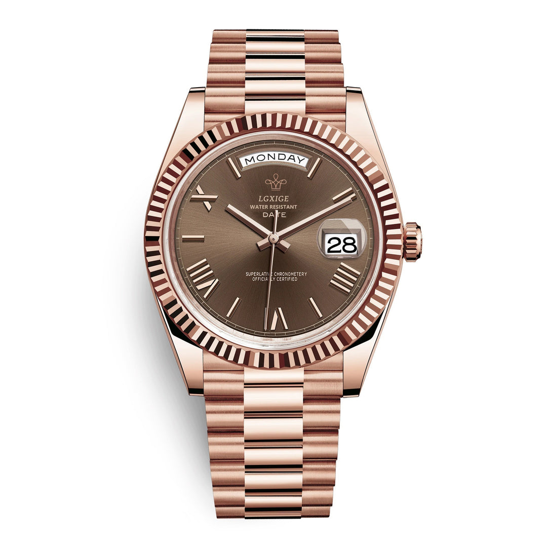 Men's automatic watch featuring a blue dial, day & date function, and self-winding movement.