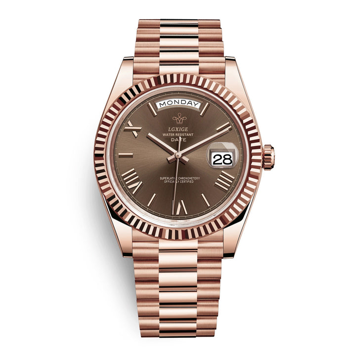 Men's automatic watch featuring a blue dial, day & date function, and self-winding movement.