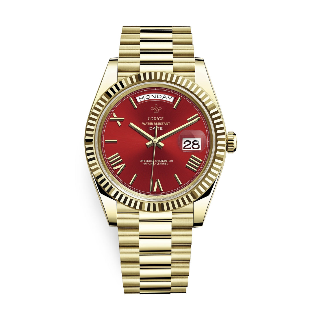 Elegant men's automatic watch with black strap, gold-tone accents, and day-date feature.