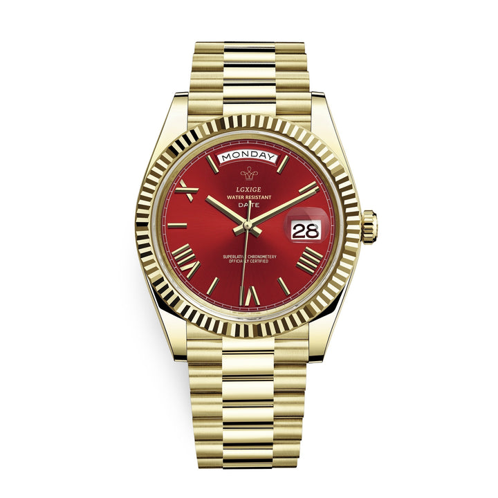 Elegant men's automatic watch with black strap, gold-tone accents, and day-date feature.