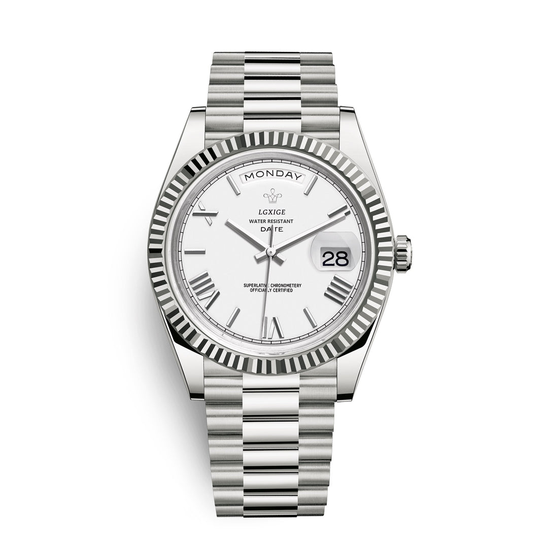 Men's classic automatic watch with a durable black leather strap and clear day-date display.