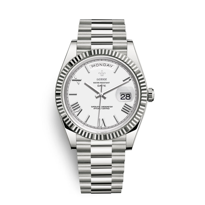 Men's classic automatic watch with a durable black leather strap and clear day-date display.