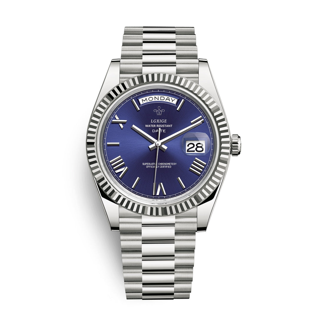 Men's automatic day-date watch on wrist, showcasing its elegant and timeless design.