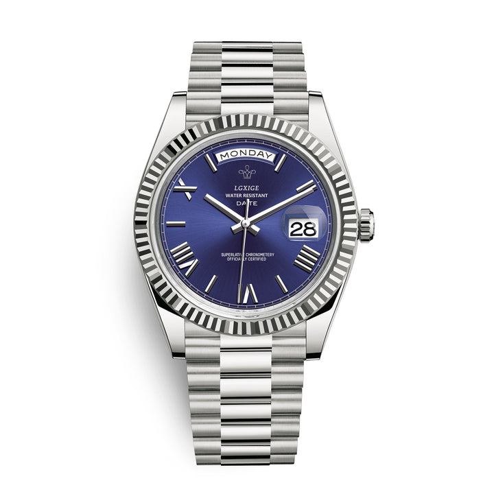 Men's automatic day-date watch on wrist, showcasing its elegant and timeless design.