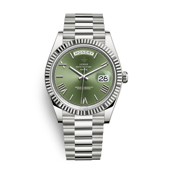 Side view of men's automatic self-winding watch, highlighting premium craftsmanship and day-date.