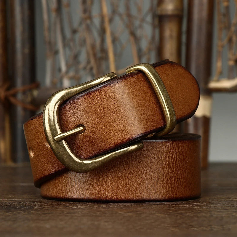 Rich brown full-grain leather men's belt, a durable and classic accessory for all seasons.
