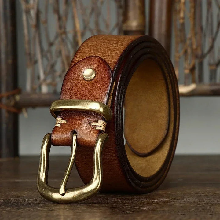 Sleek black full-grain leather men's belt, perfect for formal or casual wear. A timeless accessory.
