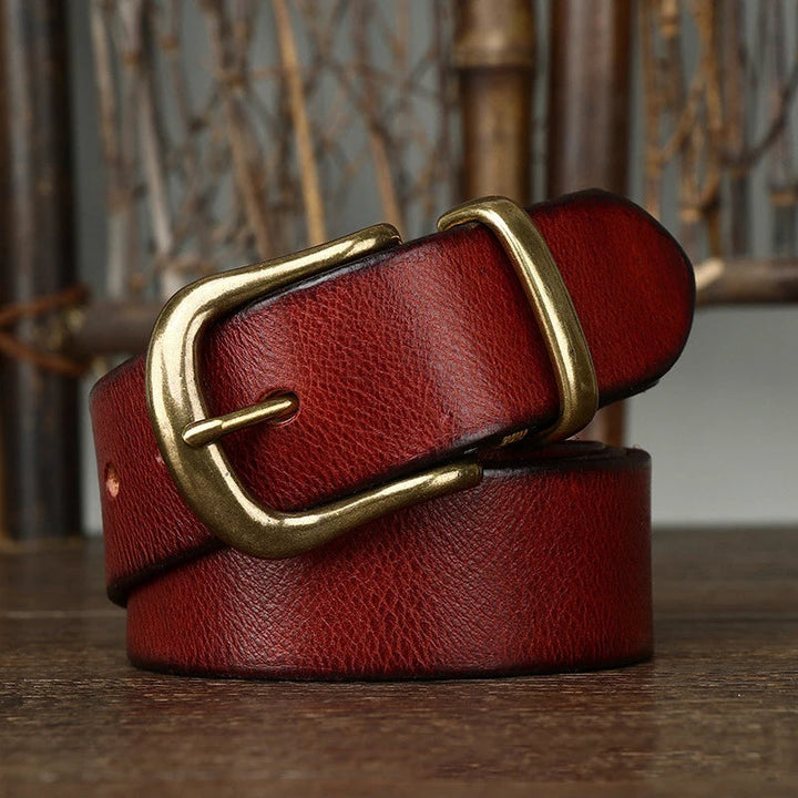Detail shot showcasing the rich texture of the handcrafted full-grain leather men's belt.