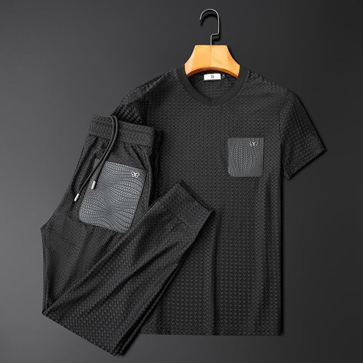 Men's premium jacquard lounge set, two-piece comfort wear for relaxation.
