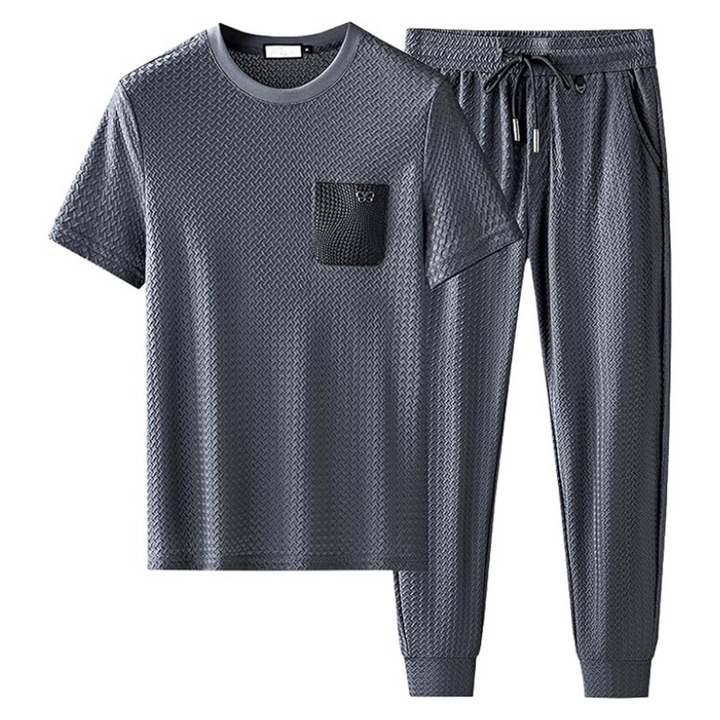 Full view of men's premium jacquard lounge set, designed for ultimate comfort.