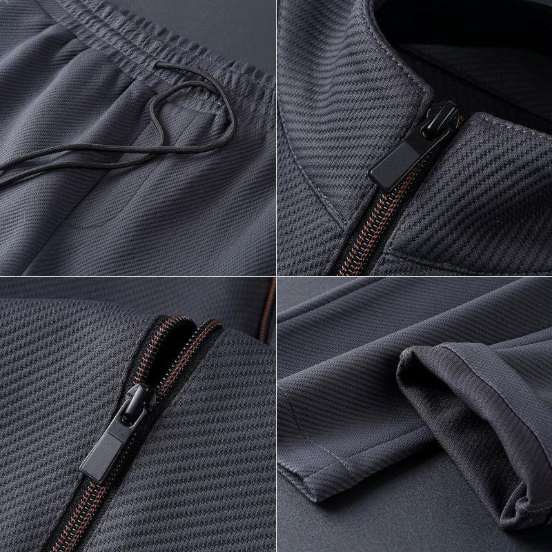 Men's fashionable tracksuit featuring a quality zip-up jacket and modern tapered joggers for everyday wear.